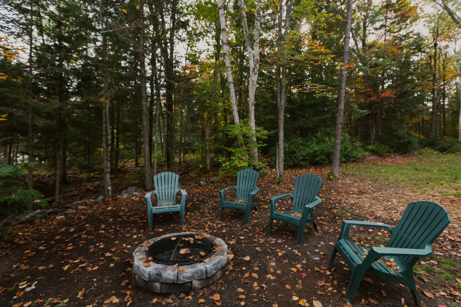 Fire pit with Adirondack chairs surrounded by autumn woods